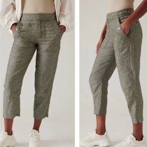 Athleta Voyager 100% Linen Crop Ankle Pants in Olive Green Beach Resort Size 4P
